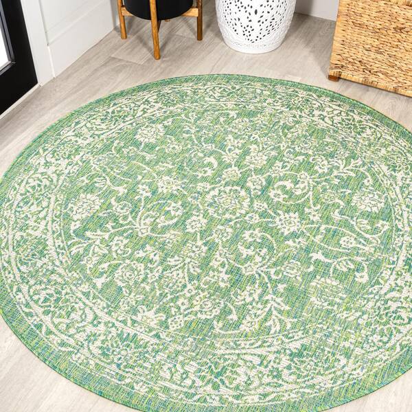 Tela Bohemian Textured Weave Floral Cream/Green 5 ft. Round Indoor/Outdoor Area Rug