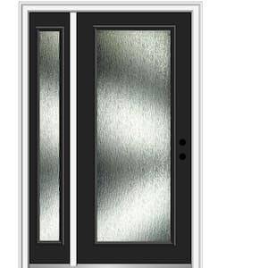 Rain Glass 48 in. x 80 in. Left-Hand Inswing Black Fiberglass Prehung Front Door on 4-9/16 in. Frame