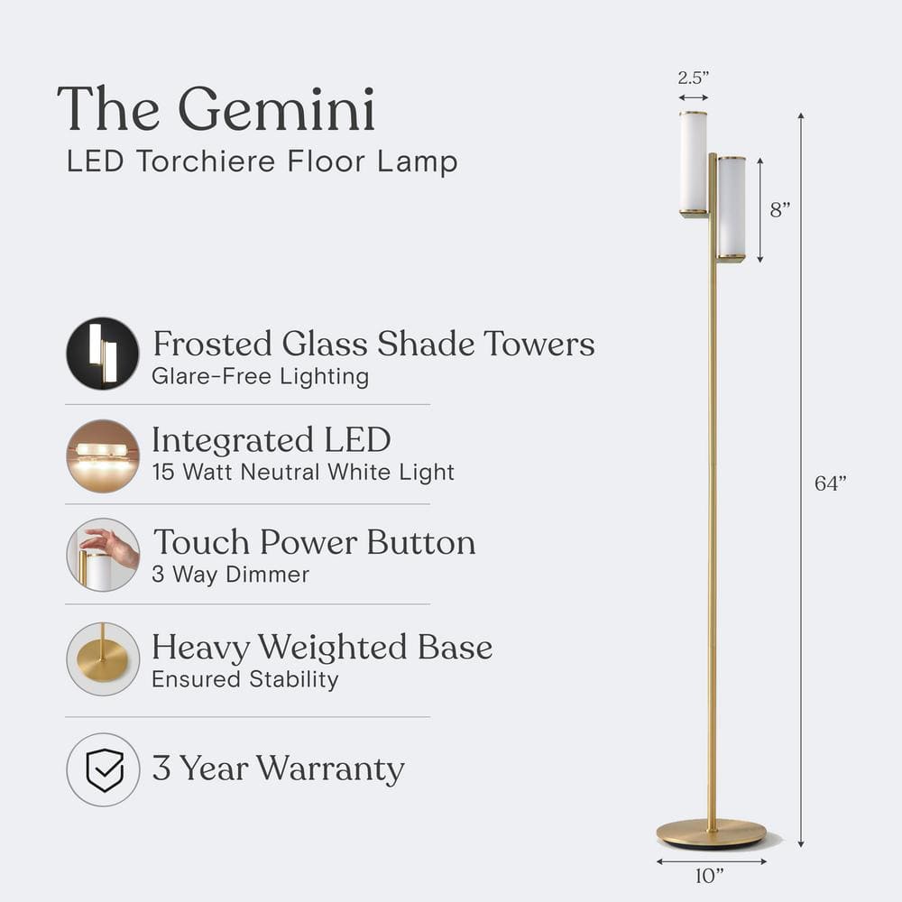 Gemini 64" Brass Mid-Century Modern 3-Way Dimming LED Floor Lamp