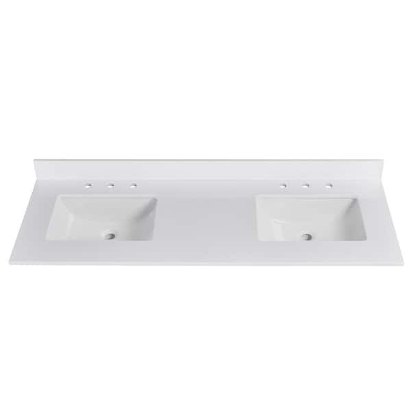 YASINU Malus 60 in. W x 22 in. D Engineered Stone Composite White Rectangular Double Sinks Bathroom Vanity Top in Snow White