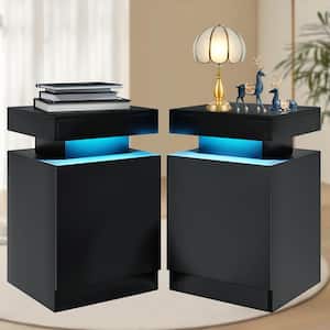Black Modern Nightstand with LED Lights, Bedside Table with Storage Cabinet (2-Piece)
