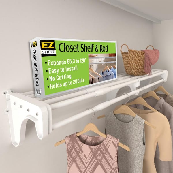 Expandable Closet Shelf & Rod 66 in. W - 120 in. W, White, Mounts to Back Wall with2 End Brackets, Wire, Closet System