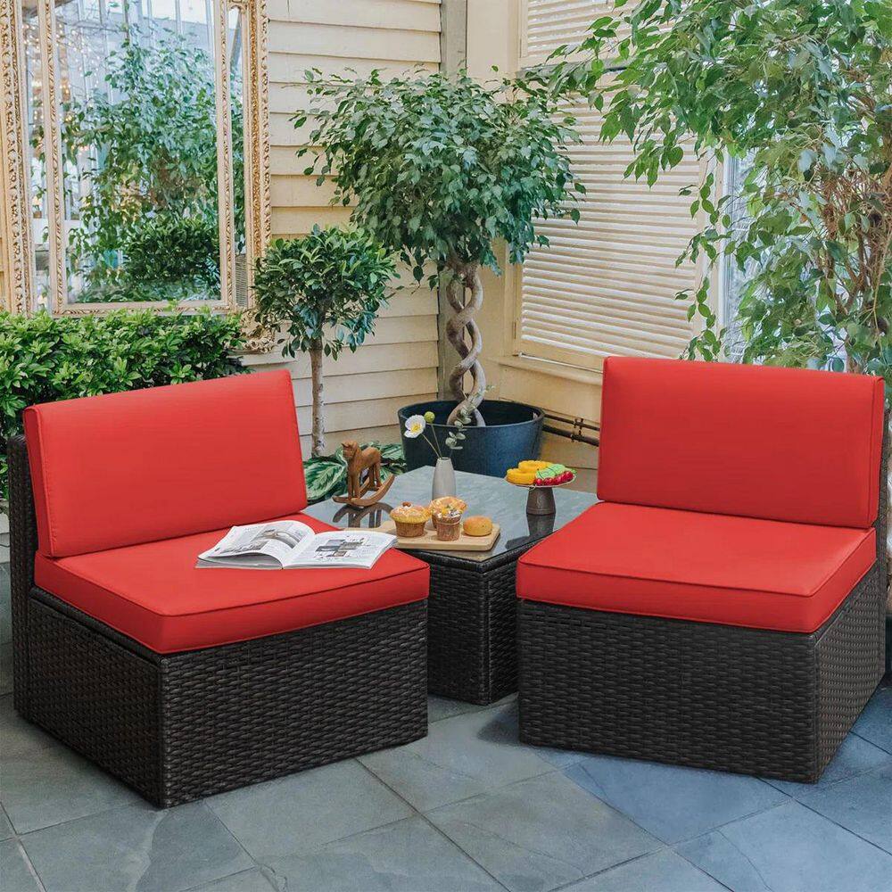 3-Piece Wicker Outdoor Patio Sofa Sectional Set with Glass Coffee Table and Red Cushion price history on PriceWatchPro