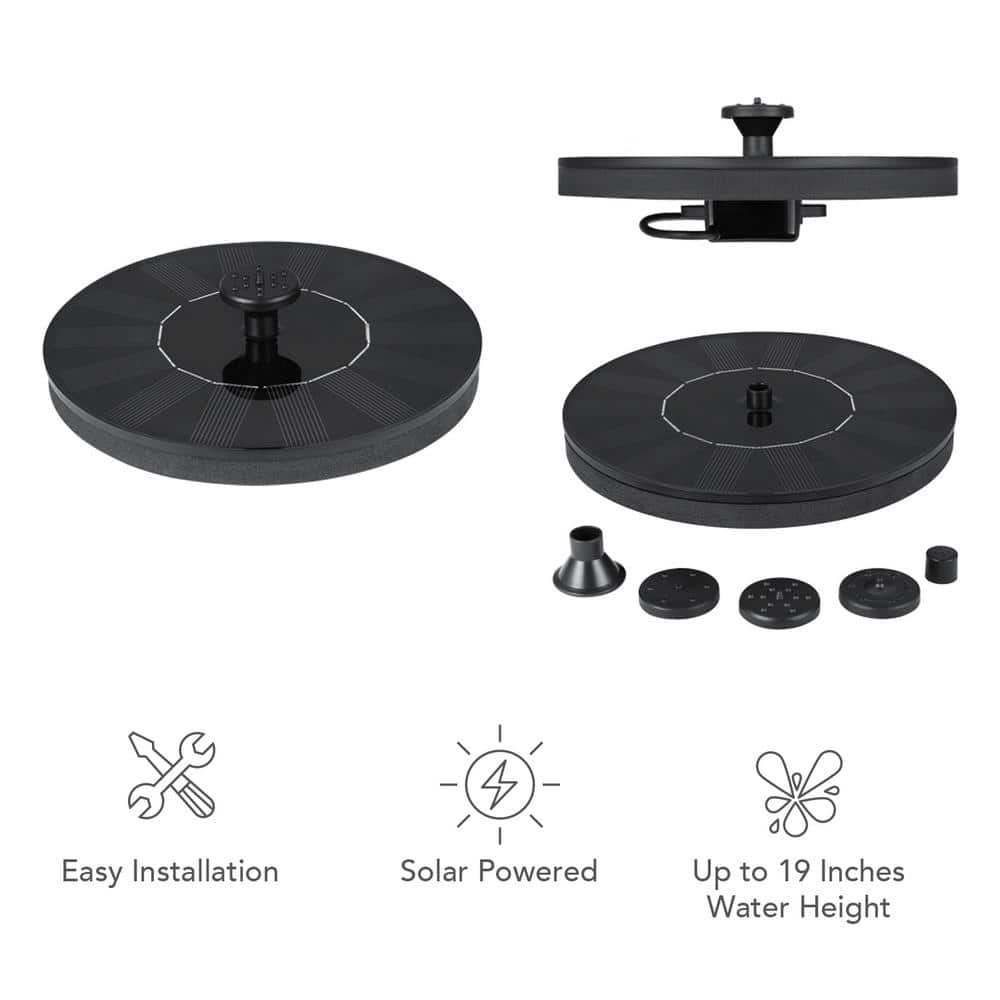 Black Solar Powered Bird Bath Fountain with 4 Nozzle Heads
