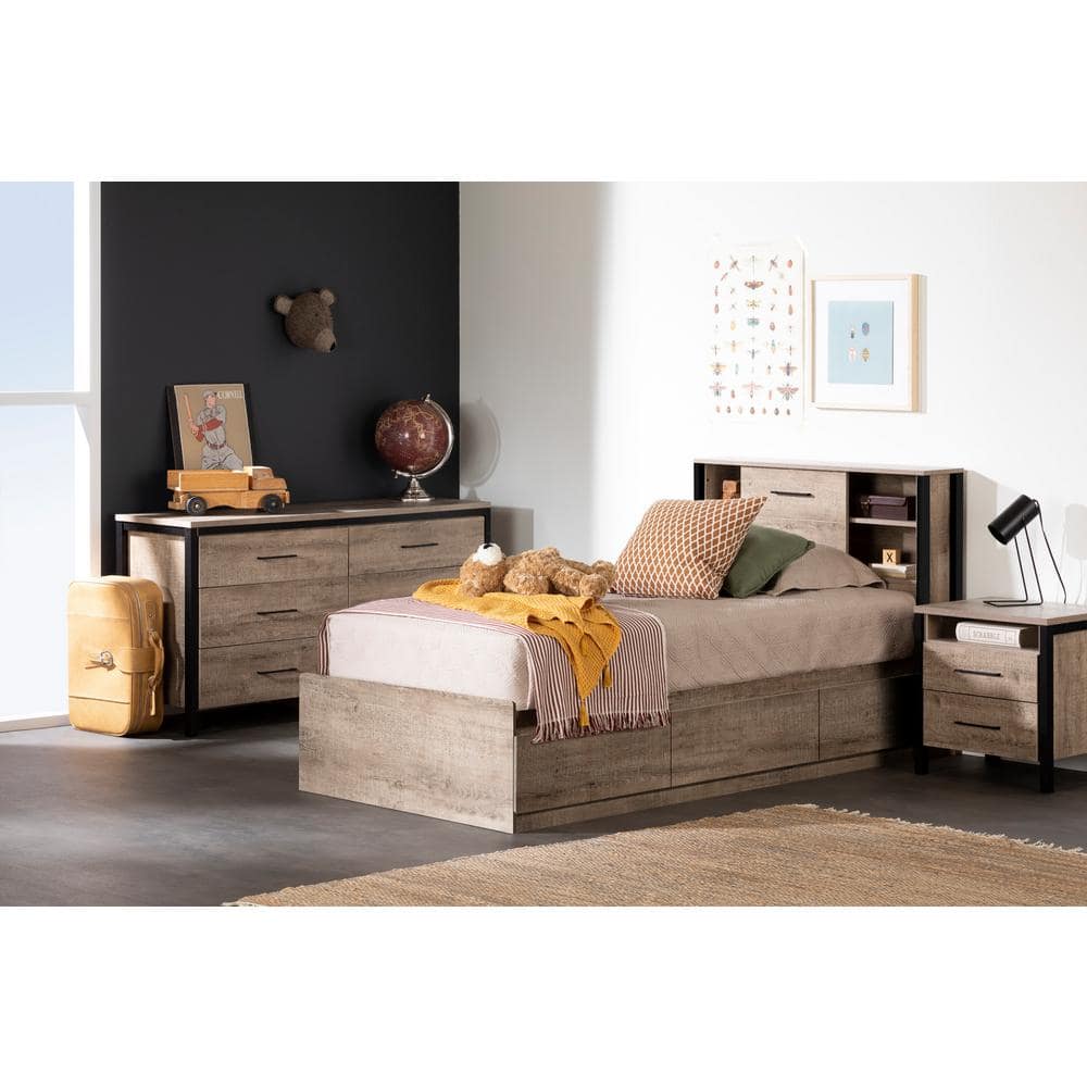 Weathered Oak Twin Platform Bed with 3 Storage Drawers