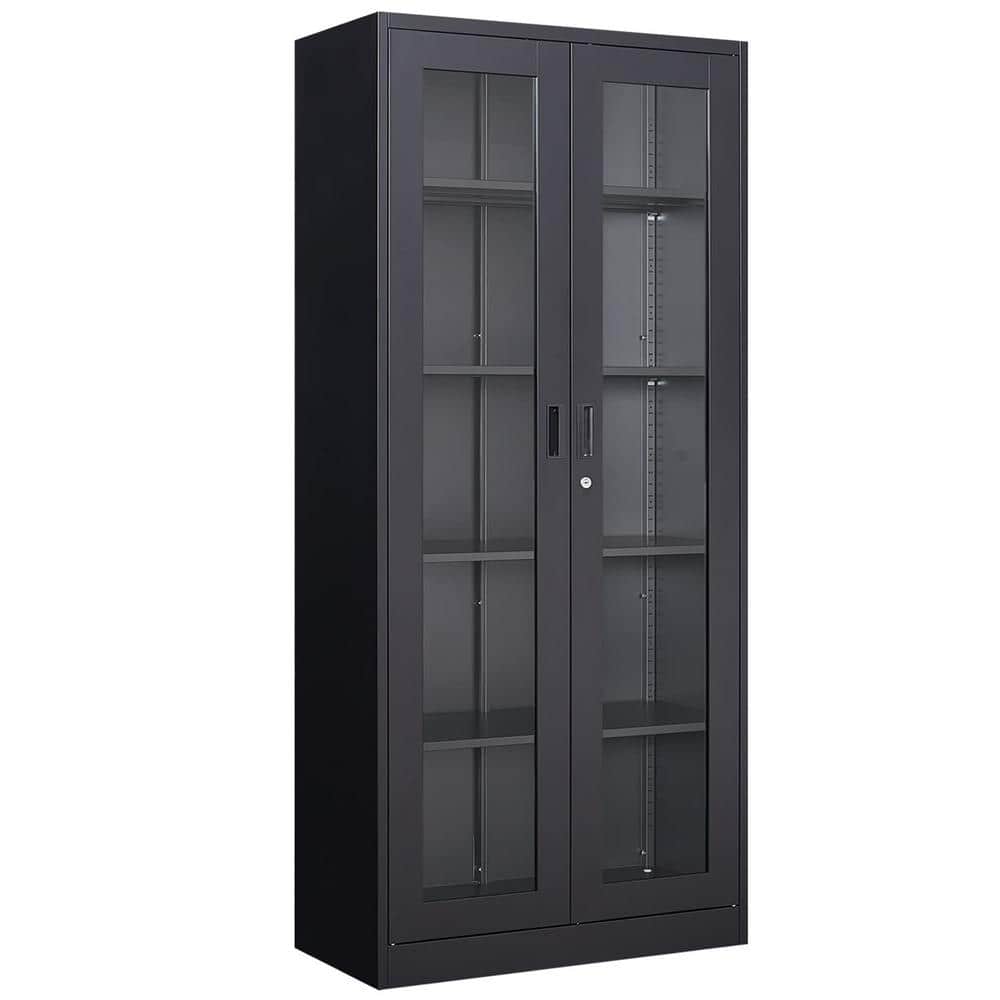 "31.5"" W x 70.87"" H x 15.75"" D Steel Storage Freestanding Cabinet with Glass Door and 4 Adjustable Shelves in Black" price history on PriceWatchPro