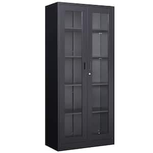 31.5" W x 70.87" H x 15.75" D Steel Storage Freestanding Cabinet with Glass Door and 4 Adjustable Shelves in Black
