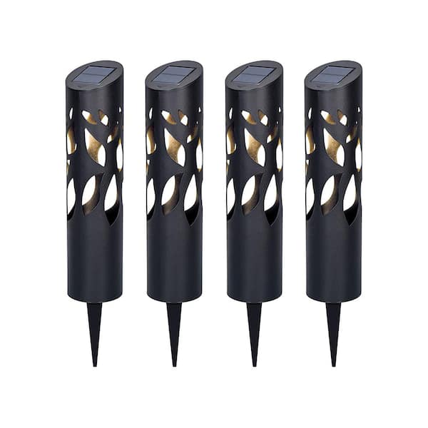 Rose Petal 12 Lumens Black LED Round Outdoor Solar Bollard Path Lights (4-Pack)