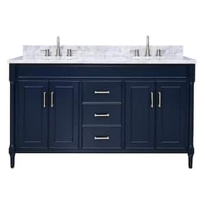 Bristol 61 in. W x 22 in. D x 35 in. H Bath Vanity in Navy Blue with White Marble Top