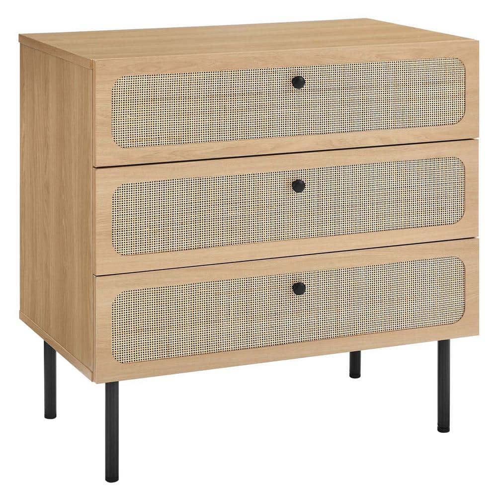 Oak and Black 3-Drawer Chest with Rattan Fronts
