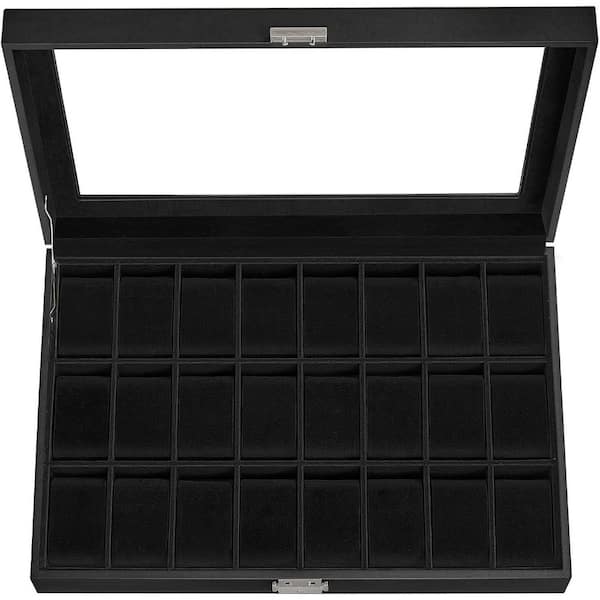 Unbranded Black PU Leather 24-Slot Watch Box with Glass Lid and Black Lining