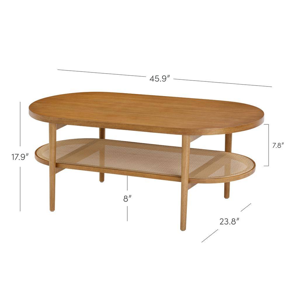 Honey Brown Oval Wood Coffee Table with Storage Shelf
