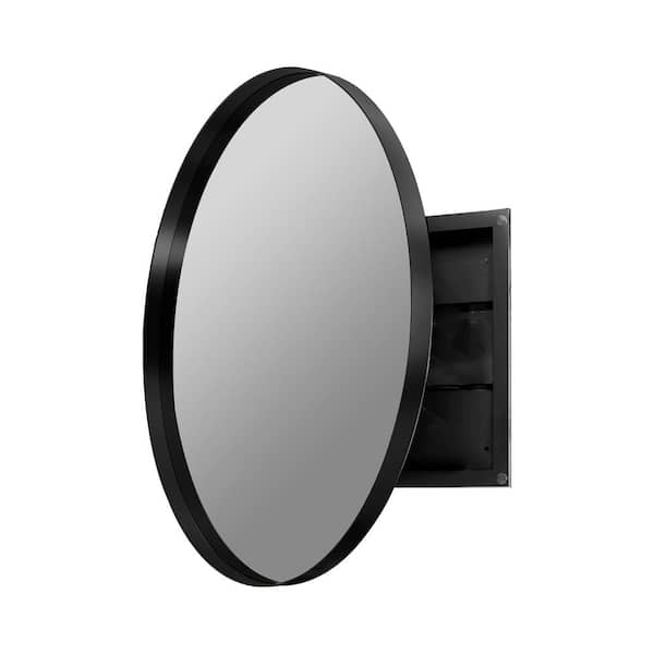 31.5 in. W x 31.5 in. H Round Metal Medicine Cabinet with Mirror, Wall Cabinet with Adjustable Shelves, Black