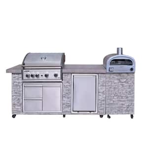 96 in. European Ledge 5B Propane Grill Island in Gray with Fridge and Outdoor Oven