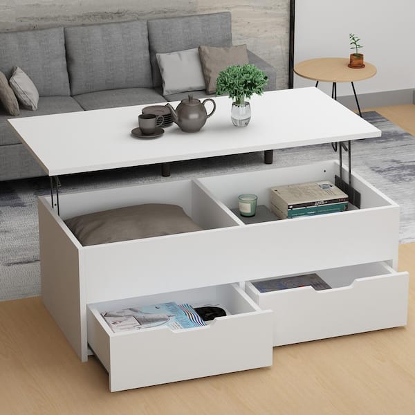 FUFU&GAGA 45.3 in. White Rectangle MDF Wood Lift Top Coffee Table with  Hidden Storage Shelf and 2-Drawers KF200019-01 - The Home Depot