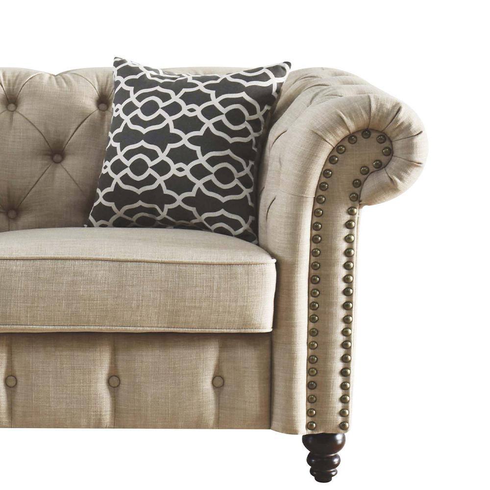 Beige Linen Tufted Loveseat with Nailhead Trim