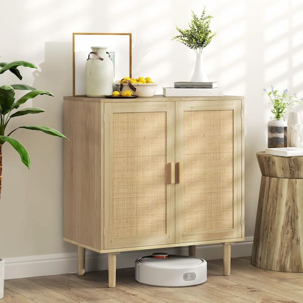 Bohemian Wood Sideboard, 31.5 in. Buffet Cabinet with 2 Rattan Doors, Coffee Bar Cabinet w/ Shelves for Living Room, Oak
