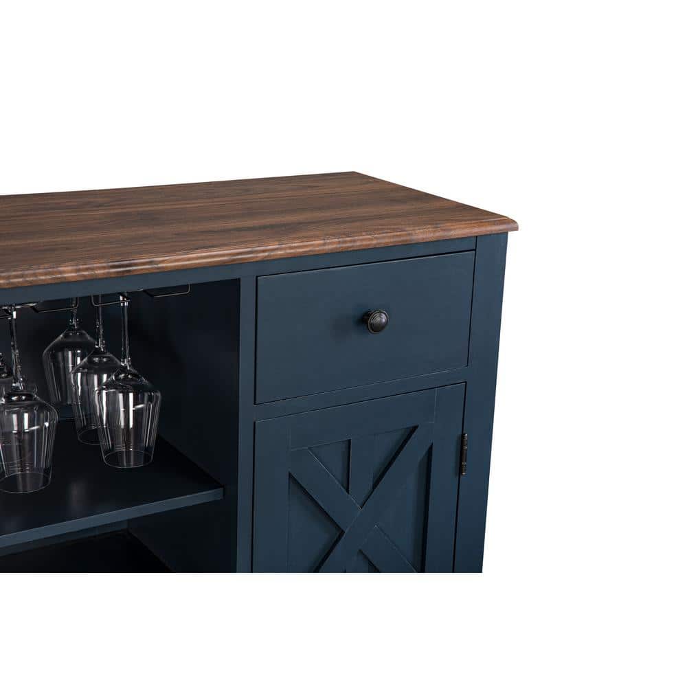 Navy Blue 47" Wood Bar Cabinet with Wine Rack and Nickel Knobs