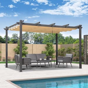 11 ft. x 13 ft. Gray Aluminum Frame Outdoor Patio Pergola Gazebo with Beige Retractable Sun Shade Canopy for Backyard