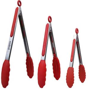 3-Piece Heavy-Duty Stainless-Steel Kitchen Tongs, Red