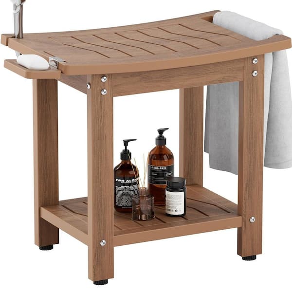 Mximu 15.3 in. x 11.1 in. x 17.5 in. Teak HIPS Plastic Outdoor Pool Garden Stool /Indoor Bathroom Stool Bench