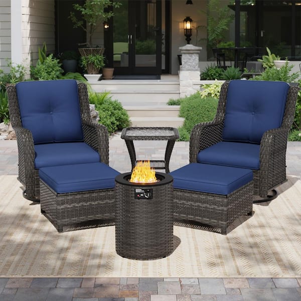 6-Piece Wicker Patio Fire Pit Conversation Sets with Dark Blue Cushions 2 Chairs, 2 Ottomans, 1 Table and 1 Fire Pit