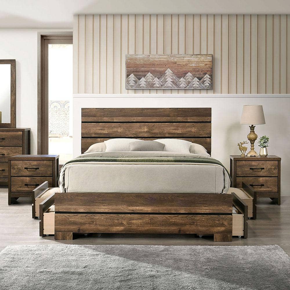 Furniture of America Olala 3-Piece Light Walnut Solid Wood King Bedroom ...