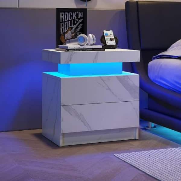 Clihome White Stone 2-Drawers 19.3 in. W Nightstand LED Bedside Table Cabinet Modern End Side Table