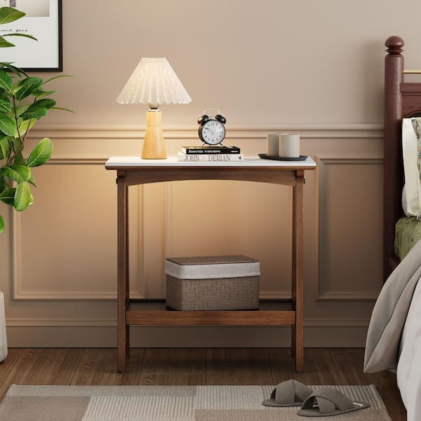 Josiah Retro 23.54 in. Walnut Rectangle Stone End Table with Storage Shelf