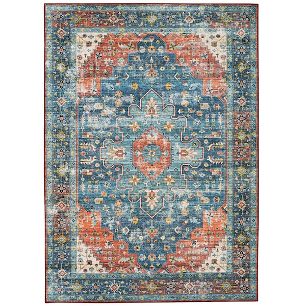 Linon Home Decor Washable Pablo Teal/Rust 5 ft. x 7 ft. Abstract Rectangle Area Rug