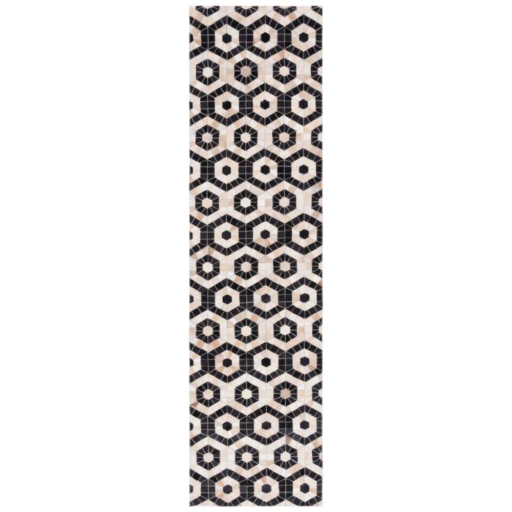 Handmade Black and Beige Geometric Cowhide Runner Rug