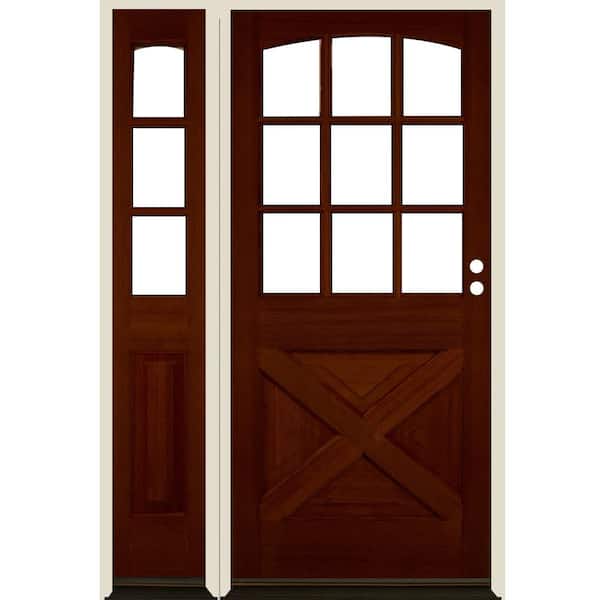 Krosswood Doors 50 in. x 80 in. Farmhouse X Panel LH 1/2 Lite Clear Glass Red Chestnut Stain Hemlock Prehung Front Door with LSL