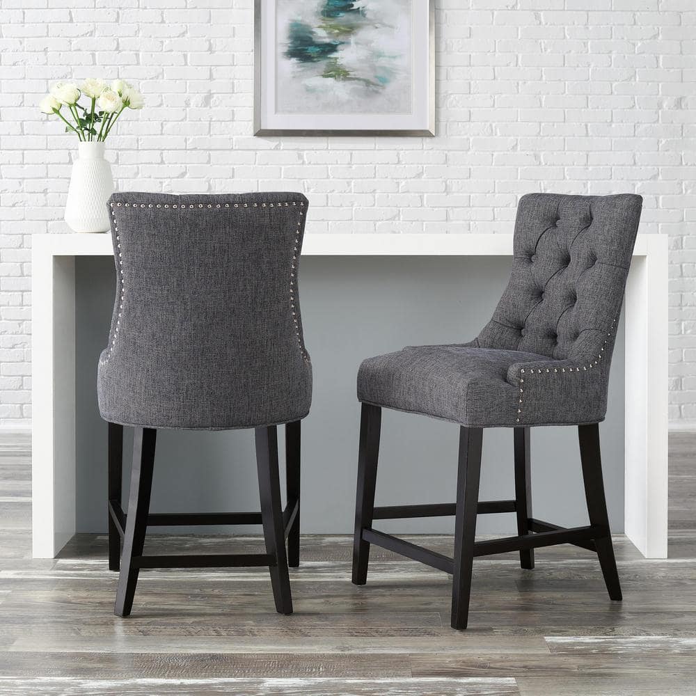 StyleWell Bakerford Charcoal Gray Upholstered Counter Stool with Tufted Back (Set of 2), Charcoal/Black