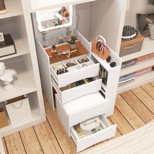 18.7 in. W 3-Drawer White Dresser Vanity Set with Flip-Top Mirror, See-Through Glass Top, Lights, Stool, Sliding Cabinet