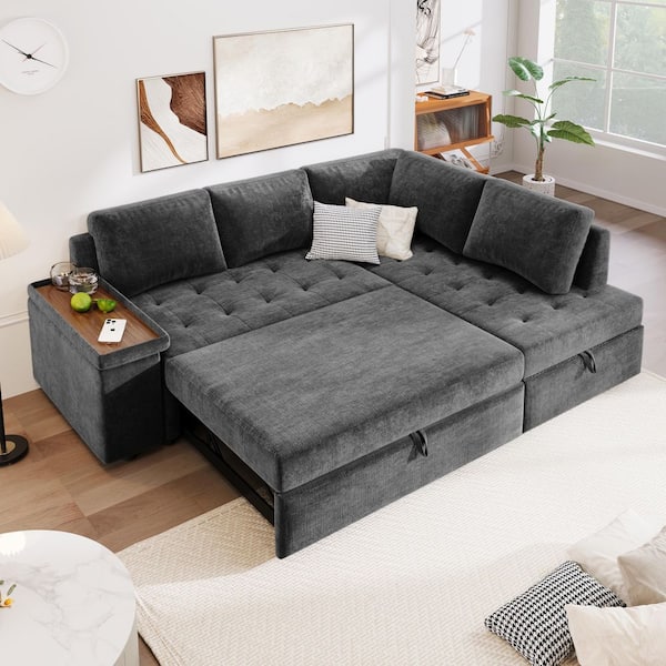 Harper & Bright Designs 91.5 in. Square Arm Polyester L Shaped Sectional Sofa in. Gray with Pull Out Bed, Storage Seat and Armrest