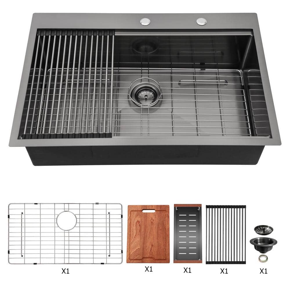 30 in. Drop-in Single Bowl 16-Gauge Black Stainless Steel Kitchen Sink with Bottom Grid, Cutting Board and Drain, Gunmetal Black