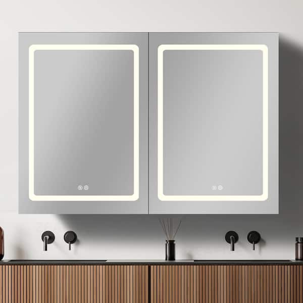 Zeafive 40 in. W x 30 in. H Rectangular Black Aluminum Surface Mount Defogging Bathroom Medicine Cabinet with Mirror and Lights