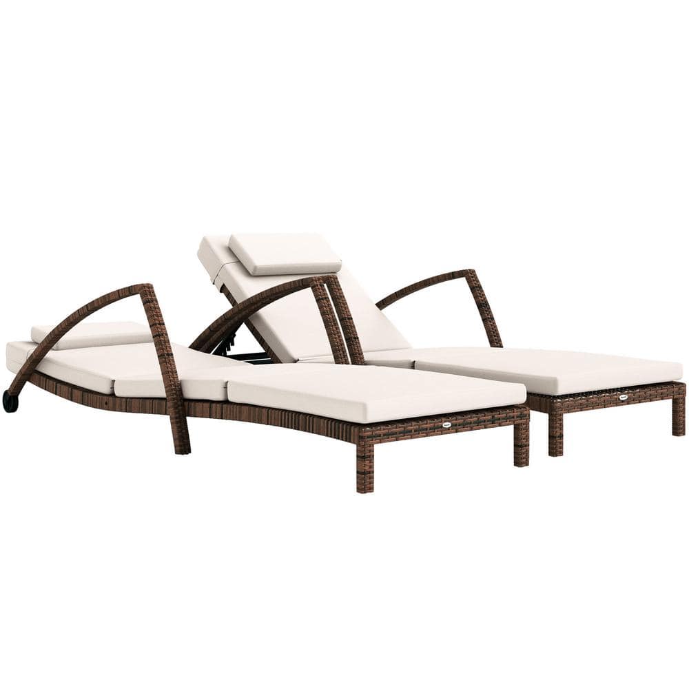 Beige Wicker Outdoor Chaise Lounge with Cushions and Wheels