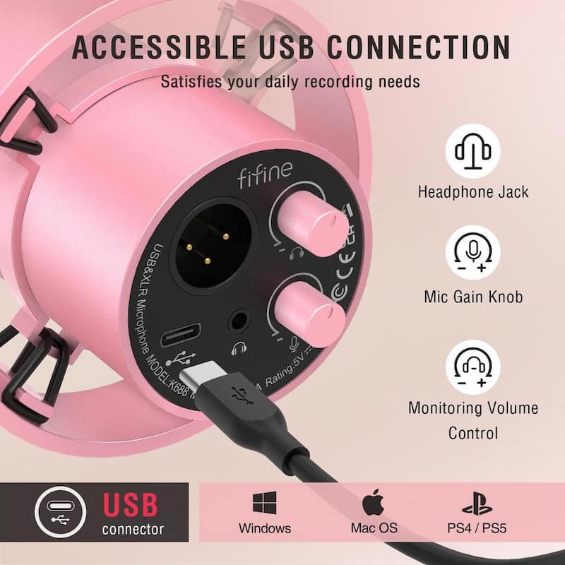 XLR/USB Dynamic Microphone for Streaming Recording with Tap to Mute, Gain Knob, Headphones Monitoring Amplitank Pink