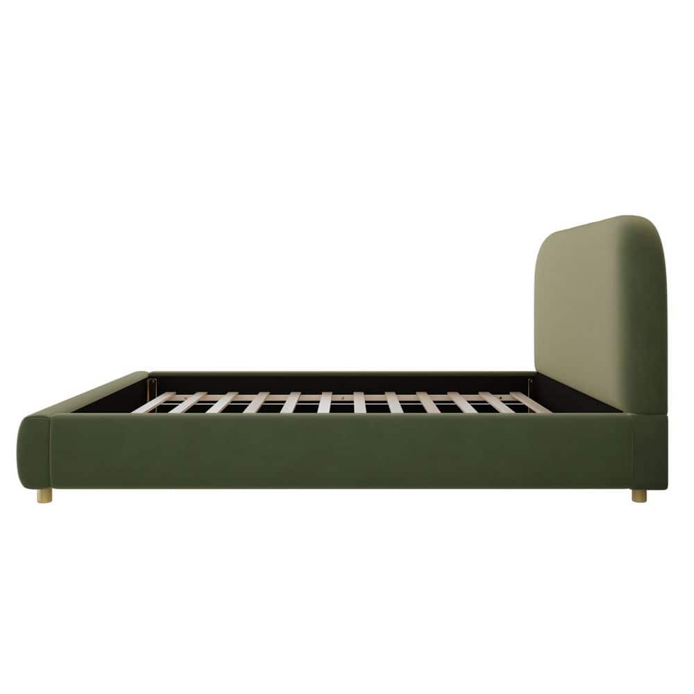 Solara Olive Green Wood Frame King Size Upholstered Platform Bed with Curve-Shaped Design Headboard - thumbnail 10
