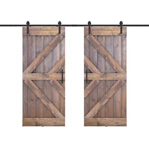 Double KL 56 in. x 84 in. Fully Set Up Briar Smoke Finished Pine Wood Sliding Barn Door with Hardware Kit