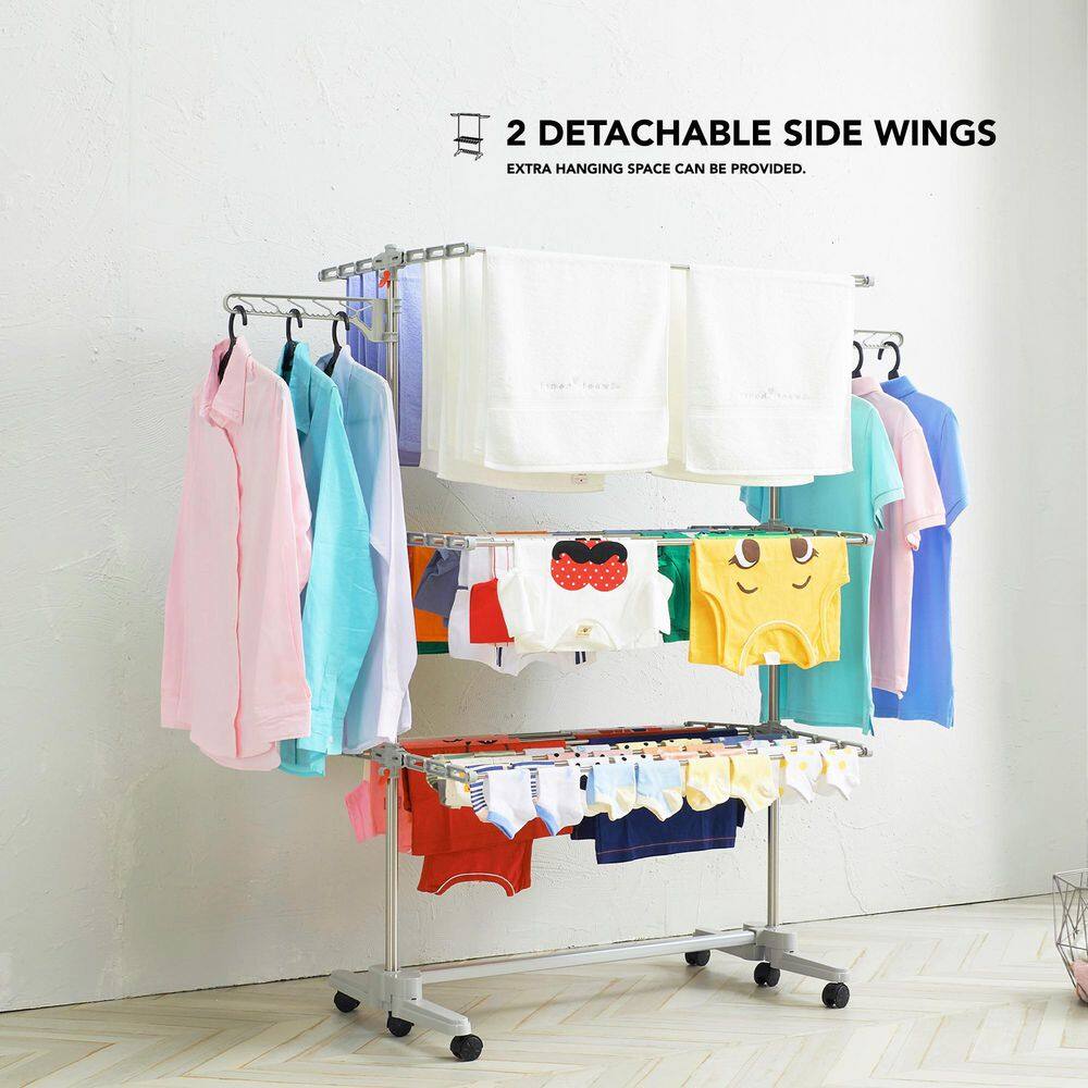 Stainless Steel 3-Tier Foldable Clothes Drying Rack with Adjustable Trays
