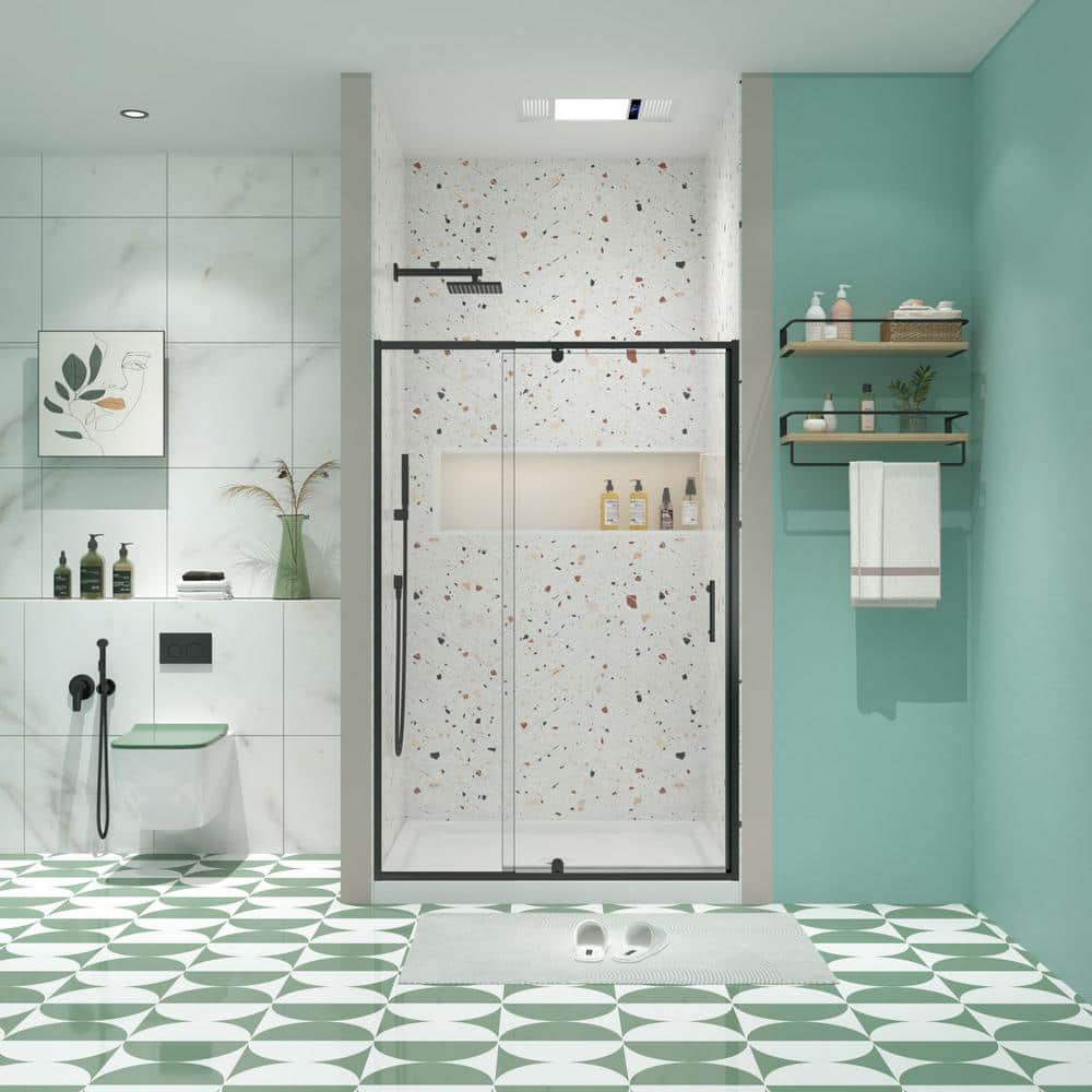 Black Framed Pivot Shower Door with Clear Glass