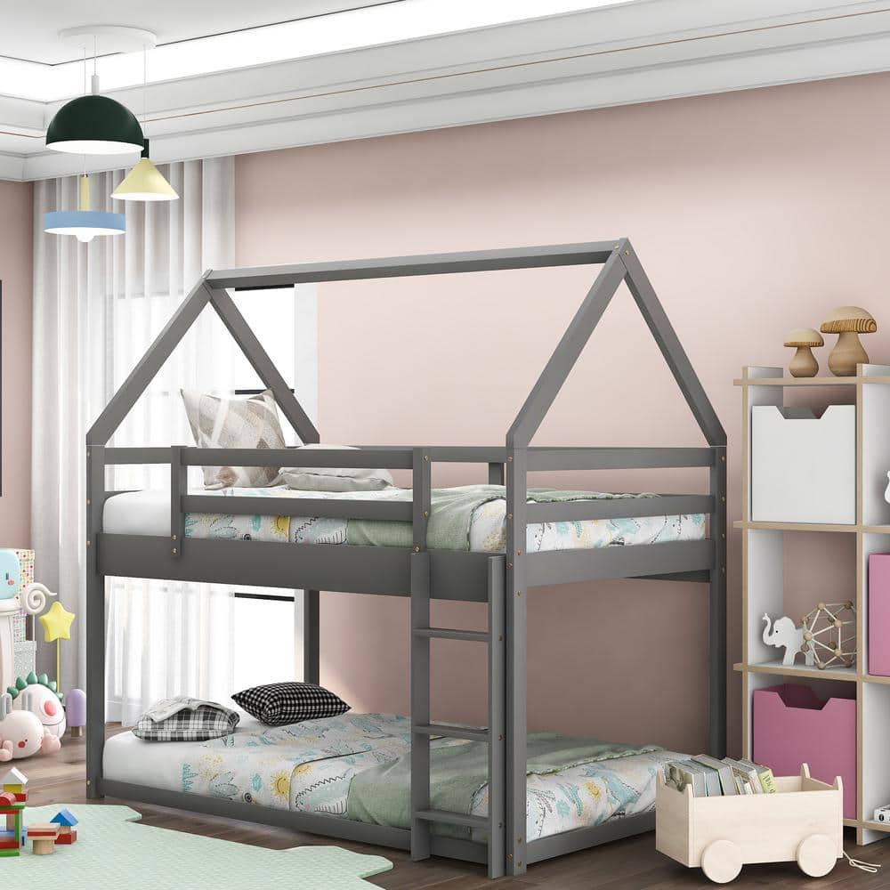 Harper & Bright Designs Gray Twin Over Twin Wood House Bunk Bed with ...
