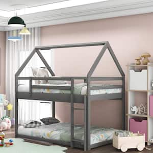 Gray Twin Over Twin Wood House Bunk Bed with Ladder