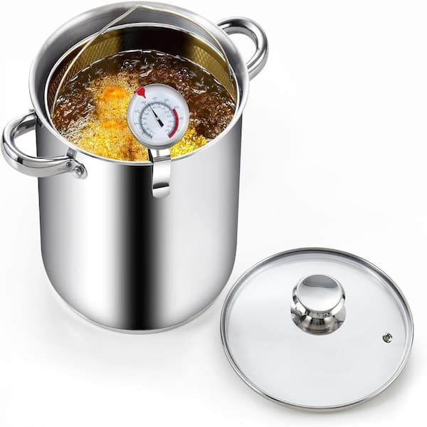 Deep Fryer Pot, 5-Qt Japanese Tempura Deep Frying Pot, 304 S/S w/Temperature Control and Oil Drip Rack, Glass Lid,