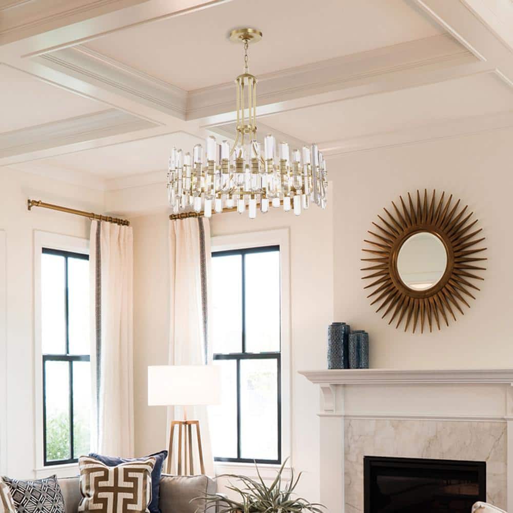 Aged Brass Elegance 12-Light Chandelier with Faceted Crystal Accents