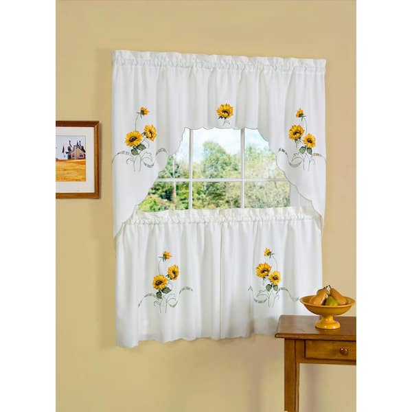 ACHIM Sunshine Yellow Polyester Light Filtering Rod Pocket Embellished Tier and Swag Curtain Set 58 in. W x 24 in. L