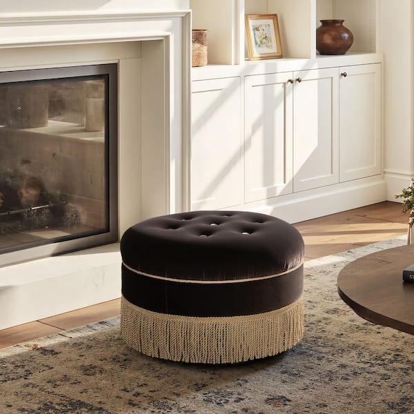 Yolanda 24" Performance Velvet Round Upholstered Accent Ottoman in Deep Brown