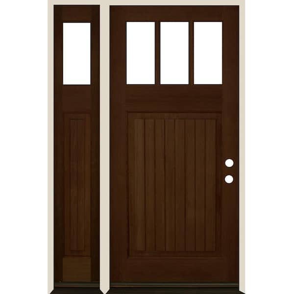Krosswood Doors 50 in. x 80 in. Craftsman 3-Lite Clear Glass VG Provincial Stain Left Hand Hemlock Wood Prehung Front Door w/LSL